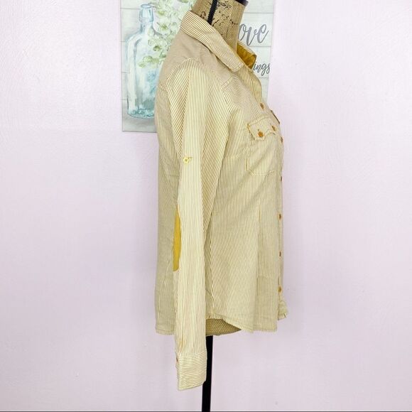 Zara TRF Button Front Shirt Striped Elbow Patches Medium Yellow White Oxford - Picture 3 of 9